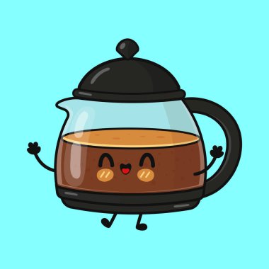 Kahveyle dolu, açık mavi arka planda gülümseyen ve el sallayan antropomorfik kahve cezvesi karakteri. Tatlı çizgi film içecek konsepti.