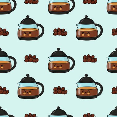 Kahvaltıda, içecekte ve sabah temalarında mutlu kahve demlikleri ve kızarmış fasulyeler gösterilen yinelenen illüstrasyon