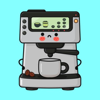 Çizgi film stili kahve makinesi karakteri mavi arka planda izole edilmiş taze kavrulmuş fasulyeli bir kupa için kahve yapıyor.