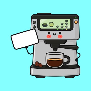 Kahve makinesi maskotu espresso yapıyor, mesaj için beyaz bir tabela tutuyor. Çizgi film vektör illüstrasyonu