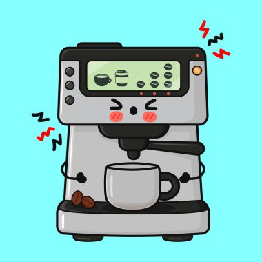 Tatlı bir espresso makinesi karakteri kırmızı yanakları, boş bardağı ve kahve çekirdekleri ile uykulu hissediyor.