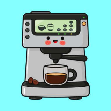 Şirin kawaii kahve makinesi karakteri gülen kahve çekirdekleri ve buharlı bardağa sıcak espresso dolduruyor.