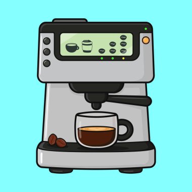 Otomatik kahve makinesi, kahve çekirdekleri ve dijital ekran eşliğinde cam bir fincana sıcak espresso dağıtıyor.