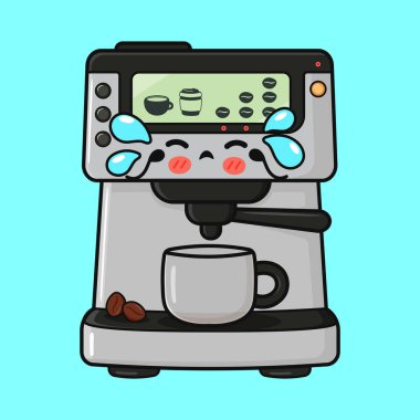 Espresso makinesi karakteri ağlar, üzgün ve yorgun hisseder, açık mavi bir arka planda. Çalışması için kahve lazım.