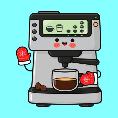 Eldiven takan ve elinde bir bardak sıcak espresso tutan sevimli çizgi film kahve makinesi karakteri.