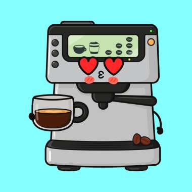 Sevimli espresso makinesi karakteri elinde sıcak kahve fincanı tutuyor. Aşkı ifade ediyor. İçecek ve mutfak temaları için karikatür çizimleri yapıyor.