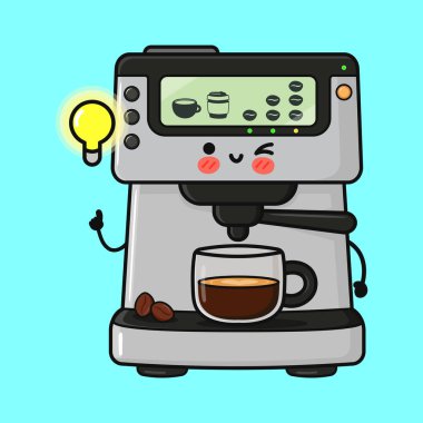 Gülen kahve makinesi çizgi film karakteri göz kırpıyor, ampulle fikir üretiyor, bir fincan espresso servis ediyor.