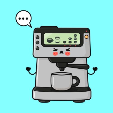 Tatlı çizgi film kahve makinesi karakteri hayal kırıklığına uğramış, mutsuz bir yüz ifadesini konuşma baloncuğu ile gösteriyor, tamire ya da servise ihtiyacı var