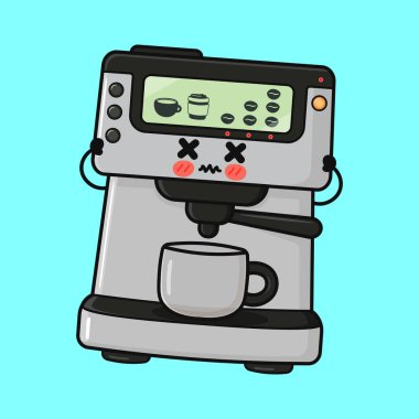 Aşırı kahve tüketiminden dolayı yorgunluk ve stresi gösteren antropomorfik espresso makinesi. Aşırı kafein yüklenmesiyle yorucu bir sabah.