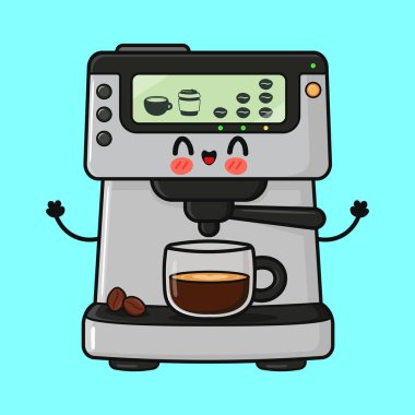 Çizgi film kahve makinesi karakteri taze espresso demliyor açık mavi arkaplanlı fasulyeli bir fincana.