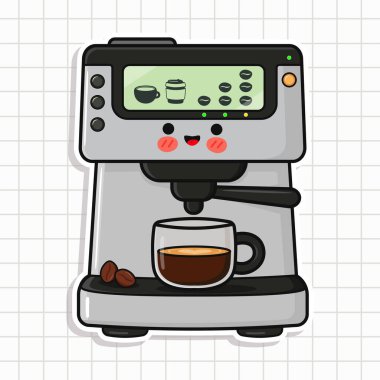 Şirin espresso makinesi karakteri çizimi kahve çekirdekleriyle taze kahve hazırlıyor. Kawaii çizgi film çıkartması tasarımı