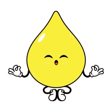 Sevimli sarı çizgi film damlası karakteri meditasyon yapıyor, yoga pozisyonunda oturuyor, iç huzurunu ve dengesini buluyor.