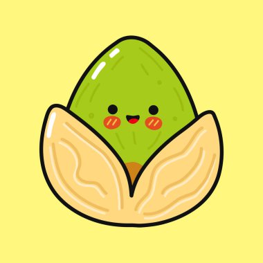 Sevimli fıstıklı, kabuğunda gülen bir yüzü, sarı arka planda sevimli bir yemek çizimi olan tatlı bir karakter.