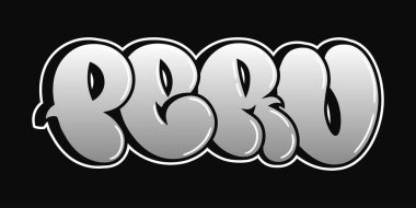 Gümüş gradyan ve beyaz ana hatlı graffiti baloncuk harfleriyle gösterilen Peru metni, bir kentsel tipografi tasarımı oluşturur