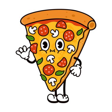 Sucuklu, mantarlı ve fesleğenli pizza dilimi maskotu. Yemek ve eğlence için Retro çizgi film karakter tasarımı