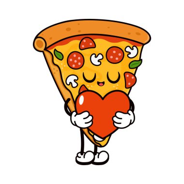 Gözleri kapalı şirin pizza dilimi karakteri kırmızı bir kalp tutuyor, beyaz bir arka planda sevgi ve şefkat ifade ediyor.