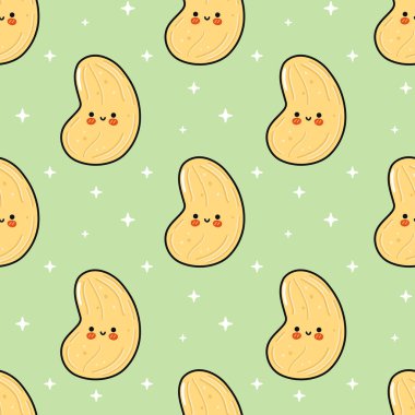 Şirin, gülümseyen kaju fıstığı açık yeşil arka planda küçük beyaz yıldızlarla çevrili neşeli, pürüzsüz bir desen oluşturuyor.