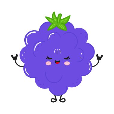 Sevimli böğürtlen karakteri ayakta, gülümsüyor ve iki eliyle rock 'n roll sembolü yapıyor.