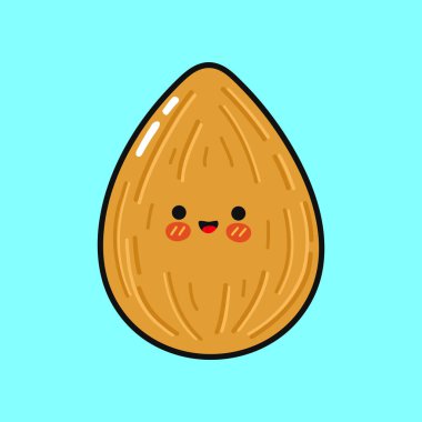 Şirin, gülümseyen badem fıstığı karakteri neşeli, sağlıklı bir yemek ve kawaii tasarımı veya maskot ikonu yaratıyor.