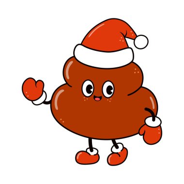 Şirin kawaii kaka maskotu Noel Baba şapkası, eldivenler ve botlar giyiyor, neşeli bir tatil sahnesinde gülümsüyor ve el sallıyor esprili, komik bir Noel vektörü çizimi