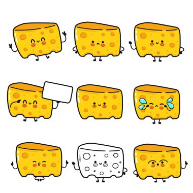 Peynir bloğu karakterleri, mutluluk, üzüntü, kızgınlık, şaşkınlık, barış işareti, boş bir işaret ve bir özet versiyonu da dahil olmak üzere çeşitli duygu ve eylemleri gösteriyorlar.