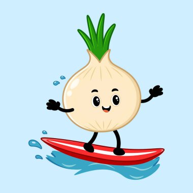 Yüzünde mutlu bir ifade olan, kırmızı sörf tahtası üzerinde eğlenceli bir yaz aktivitesi ve sağlıklı yiyecek konseptini tasvir eden sevimli bir çizgi roman karakteri.