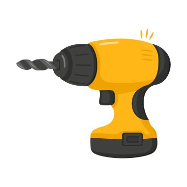 Yellow cartoon cordless drill with a dark gray bit and handle, illustrating concepts of repair, renovation, construction, and handyman services on a white isolated background