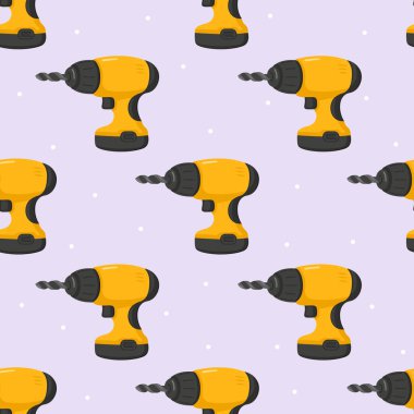 Sarı elektrikli matkaplar çizgi film stili dikişsiz desen oluşturuyor, inşaat, DIY, el işi, ev geliştirme ve açık mor arka plandaki tamir araçlarını sembolize ediyor.