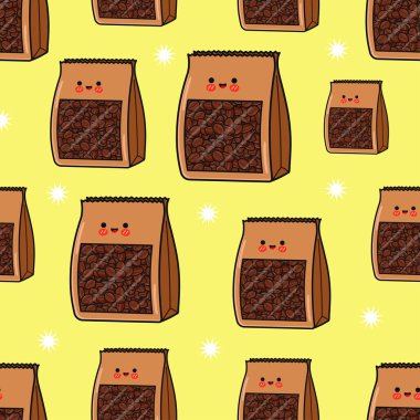 Kawaii kahve poşetleri, mutlu yüzlü, neşeli ve arkadaşça bir desen oluşturan, parlak sarı bir arka planda yiyecek ve içecek paketleme tasarımını mükemmel bir şekilde gösteren,