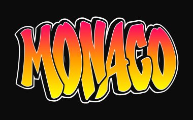 Canlı turuncu ve sarı gradyan dolgulu kalın grafiti stili harfler içeren Monako metni. Beyazla çizilmiş. Sade bir siyah arkaplana karşı durmak. Sokak sanatının estetiğini temsil ediyor.
