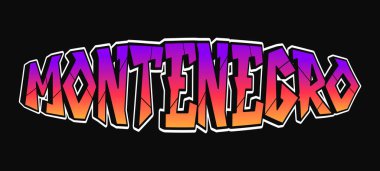 Karadağ graffiti metni koyu mor ile turuncu gradyan arasında siyah arkaplan, kentsel sokak sanatı modern, canlı tipografik tasarım ve seyahat titreşimleri taşıyan düz beyaz çizgiler çiziyor