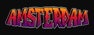 Amsterdam, siyah üzerine turuncudan mor gradyan ve taze beyaz bir ana hatla kalın, açılı graffiti harfleriyle yazılıyor, canlı bir sokak sanatı kültürü ve gençlik enerjisi çağrıştırıyor.