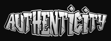 Gri graffiti blok harfleri ile özgünlük verilmiş koyu bir arkaplan üzerine beyaz bir özgünlük, gerçek, orijinal kimlik ve hakikat içeren sokak sanatı ifadesi.