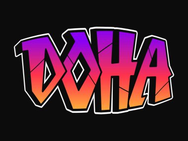 Doha tipografisi, çarpıcı, koyu bir arka planda beyazla özetlenmiş, parlak mor-turuncu gradyan dolgusu olan cesur sokak sanatları harflerini gösteriyor.