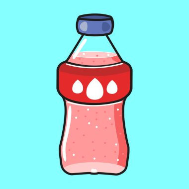 Gazoz şişesi pembe kabarcıklı bir sıvı tutuyor, beyaz damla şekilli kırmızı etiketli, ve koyu mavi kapaklı, düz bir çizgi film vektör tarzında katı mavi arkaplan üzerine kurulmuş.