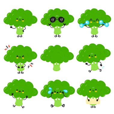 Brokoli karakterleri mutlu, havalı, ağlayan, kızgın, koşan, ağırlık kaldıran, boş işaretler ve nötr ifadeler gösteren, sağlıklı besin kavramlarını gösteren,