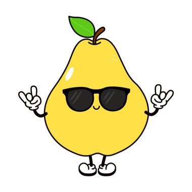 Sapında yeşil bir yaprak ve küçük ayakları olan, siyah güneş gözlüğü takan ve iki eliyle rock 'n roll hareketi yapan armut gibi sevimli bir çizgi film karakteri.