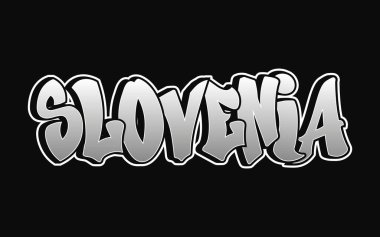 Slovenya metni, sokak sanatı ve kentsel kültürü temsil eden koyu siyah bir arkaplan üzerine kurulmuş, gümüş gradyan ve beyaz ana hatlı kalın grafiti baloncuklu harflerle sergilendi