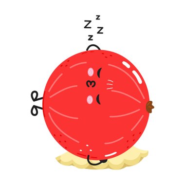 Tatlı kırmızı böğürtlen karakteri yumuşak sarı bir yastıkta huzur içinde uyuyor yorgun gözleri ve Zzz sembollerini gösteriyor tatlı kawaii tarzında dinlenmeyi ve rahatlamayı temsil ediyor.