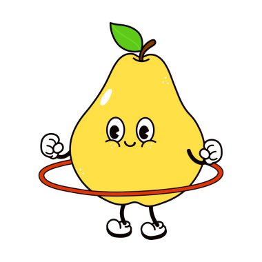 Dost canlısı bir yüze, kollara ve bacaklara sahip sarı çizgi film armudu. Vücudunun etrafında aktif olarak kırmızı bir hula çemberi çeviriyor. Eski tarz bir eğlence ve sağlıklı aktiviteyi somutlaştırıyor.