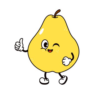 Sevimli sarı armut maskotu göz kırpıyor ve başparmağını kaldırıyor, neşeli, pozitif titreşimli meyve karakteriyle gülümsüyor simge, etiket, avatar ya da web mobil grafiği gibi mükemmel