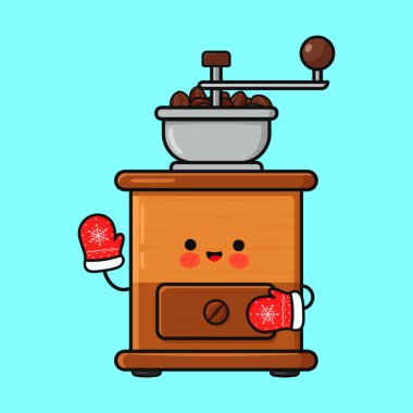 Tatlı çizgi film kahve öğütücüsü karakteri gülerken kar tanesi desenli kırmızı kış eldivenleri giyiyor, çekmece tutuyor ve kahve çekirdeklerini zıplarken el sallıyor.