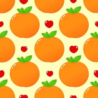 Yeşil yapraklı şirin turuncu meyveler ve küçük kırmızı kalp şekilleri açık sarı arka planda tekrarlayan, tekdüze bir desen oluşturarak büyüleyici ve neşeli bir tasarım yaratıyor.
