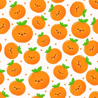 Kawaii portakal meyveleri, mutlu yüzler ve yeşil yapraklar hafif bir arka planda neşeli, tekrarlayan bir desen oluşturuyor. Yemek, çocuk tasarımı ve sağlıklı beslenme temaları için mükemmel.
