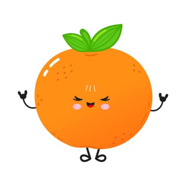 Üzerinde yeşil yapraklar olan turuncu meyve maskotu iki eliyle bir rock and roll hareketi gösteriyor, beyaz arka planda serin ve eğlenceli bir tutum sergiliyor.