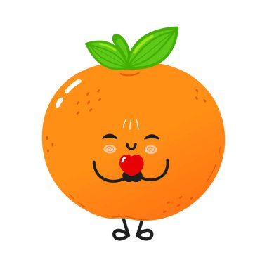 Portakallı meyve çizgi film karakteri sevgisini mutlu bir şekilde ifade eder, küçük kırmızı bir kalp tutar, ve kapalı gözlerle gülümser, şefkat ve neşe duygularını iletir.