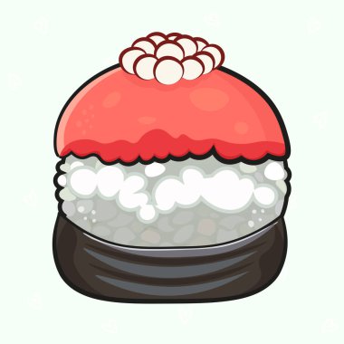 Suşi nigiri illüstrasyonunda pilav ve nori, üzerinde canlı kırmızı bir ton balığı dilimi ve küçük beyaz balık yumurtası ile klasik bir Japon mutfak tasarımı yaratıyor.