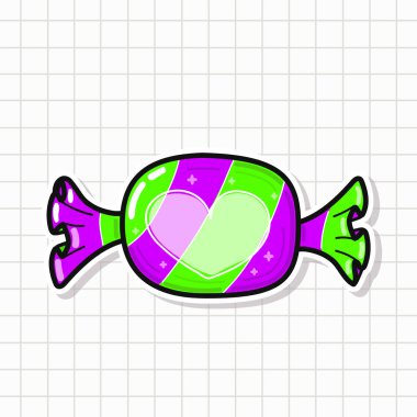 Paketlenmiş şeker etiketi canlı yeşil ve mor renklerde neşeli çizgili bir tasarım sergiliyor, merkezinde açık pembe bir kalp çizgisi var, ince bir şebeke arka planına karşı kurulmuş.