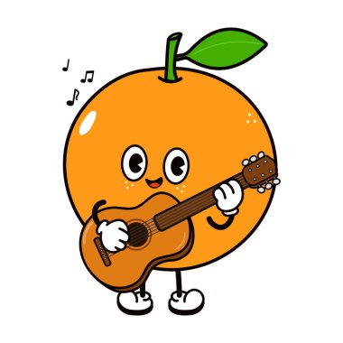 Sevimli portakal meyveli çizgi film karakteri akustik gitarla neşeli, eğlenceli ve maskot havasında bir müzikal illüstrasyon yaratan mutlu bir şarkı söylüyor.