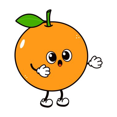 Portakal renkli çizgi film karakteri, geniş gözlü ve ağzı açık, sürpriz ya da merak gösteren, temiz beyaz arka planda küçük beyaz eldivenleri ve siyah ayakkabıları olan.